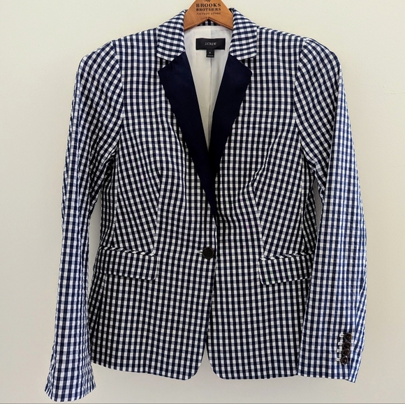 J. Crew Jackets & Blazers - NEW J. CREW Puckered Gingham Blazer Jacket WOMEN'S 8 Navy White Cotton Preppy